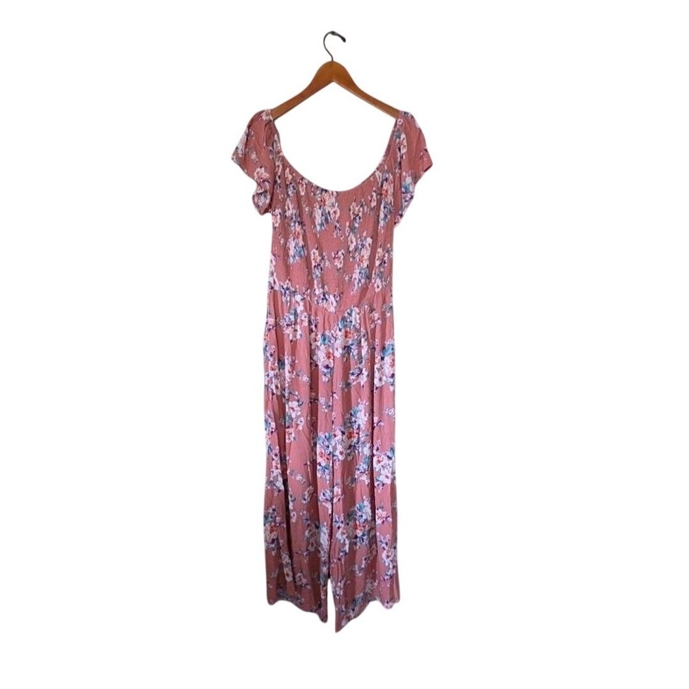 Zenobia Floral Smocked Wide Leg Jumpsuit Pink Coral Off Shoulder Boho 3XL